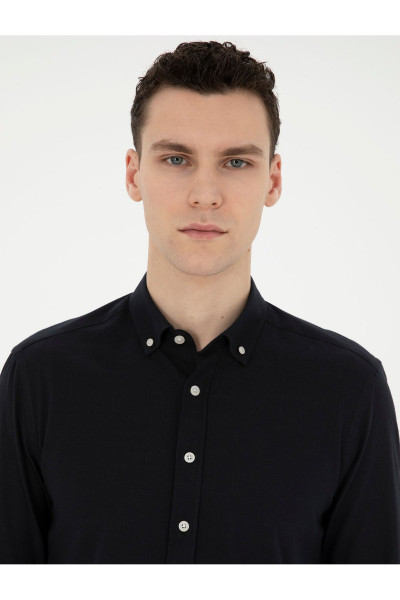 Siyah Slim Fit Keten Görünümlü Uzun Kollu Gömlek 50289393-VR046 Siyah Slim Fit Keten Görünümlü Uzun Kollu Gömlek 50289393-VR046