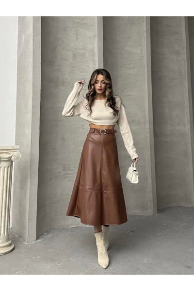 Kahvrengi Suni Deri Midi Etek Kahvrengi Suni Deri Midi Etek