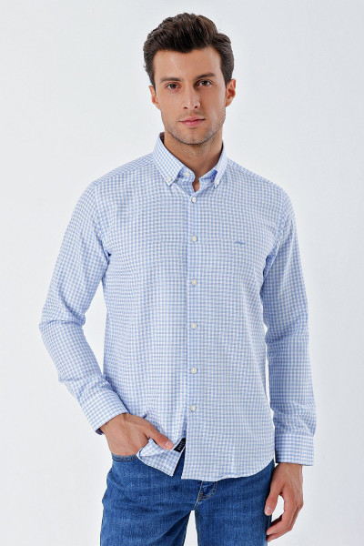 Koyu Mavi Uzun Kollu Kareli Düğmeli Yaka Cepsiz Pamuklu Klasik Slim Fit Dar Kesim Gömlek 1004230163 Koyu Mavi Uzun Kollu Kareli Düğmeli Yaka Cepsiz Pamuklu Klasik Slim Fit Dar Kesim Gömlek 1004230163
