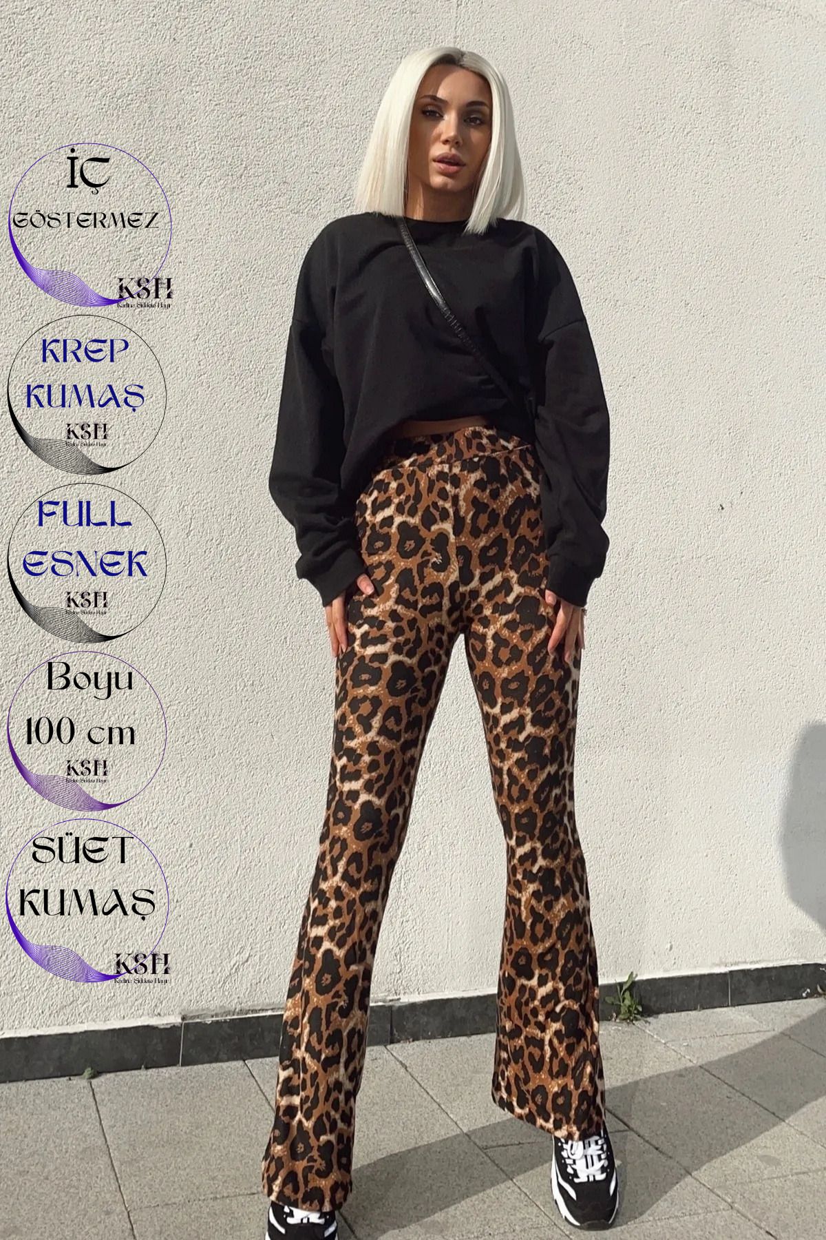 Leopar Desenli Yüksek Bel Likralı Ispanyol Paça Pantolon 100 Cm Leopar Desenli Yüksek Bel Likralı Ispanyol Paça Pantolon 100 Cm