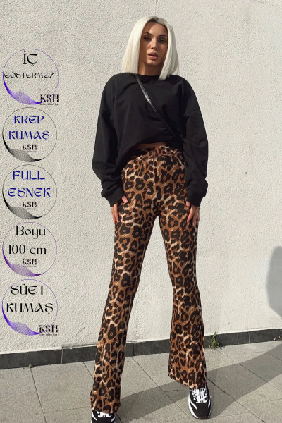 Leopar Desenli Yüksek Bel Likralı Ispanyol Paça Pantolon 100 Cm Leopar Desenli Yüksek Bel Likralı Ispanyol Paça Pantolon 100 Cm