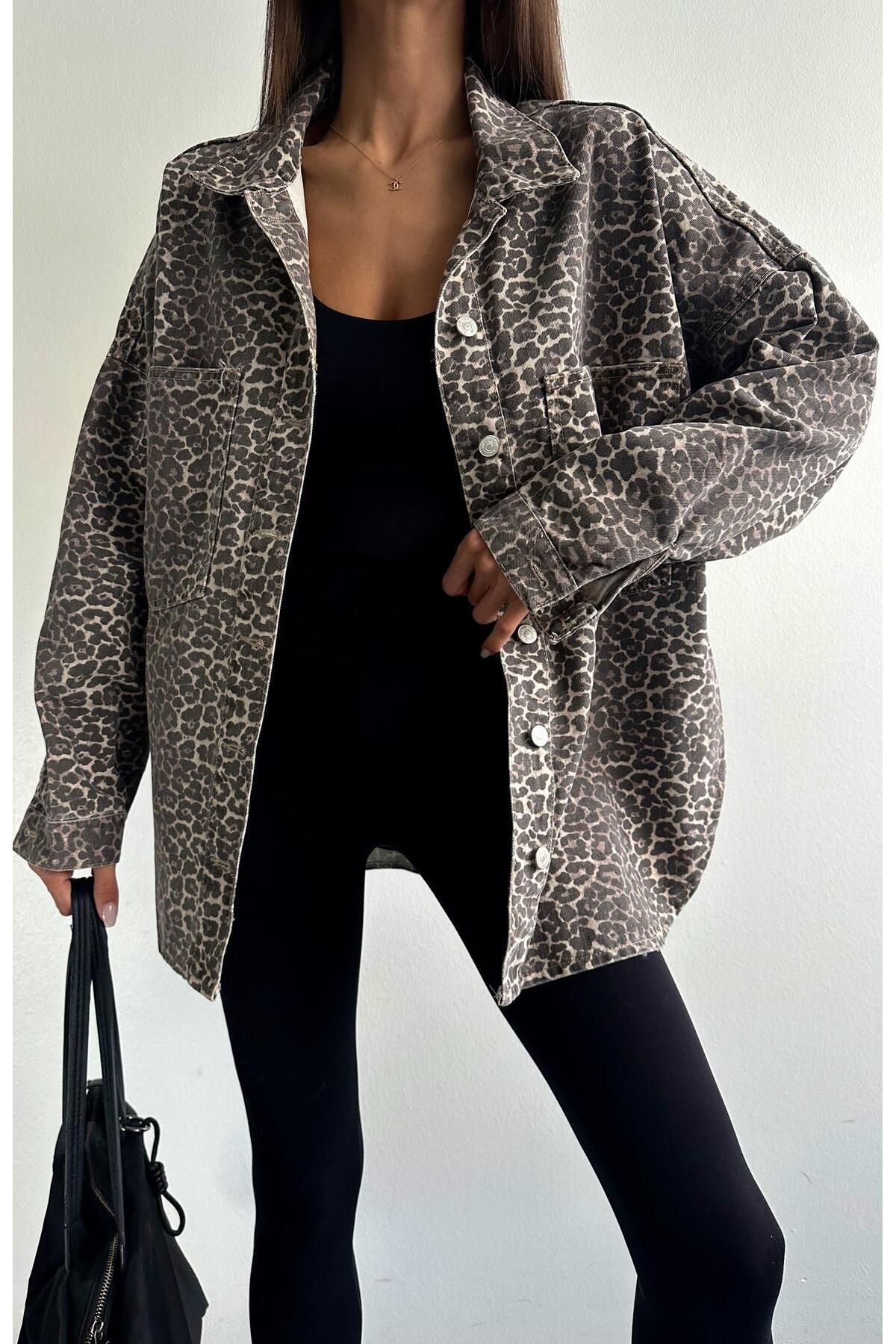 Leopar Desen Oversize Ceket KAHVERENGİ Leopar Desen Oversize Ceket KAHVERENGİ