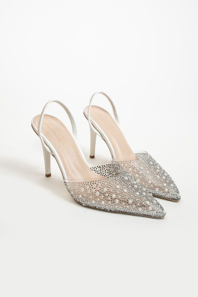 Kadın Stiletto Taşlı Sivri Burun Arkası Açık 9cm Abiye Topuklu Ayakkabı Beyaz Kadın Stiletto Taşlı Sivri Burun Arkası Açık 9cm Abiye Topuklu Ayakkabı Beyaz