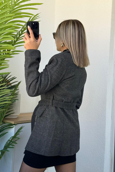 Kuşaklı Blazer Slim Fit Antrasit Kaşe Kaban Kuşaklı Blazer Slim Fit Antrasit Kaşe Kaban
