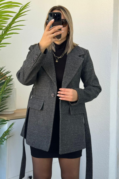 Kuşaklı Blazer Slim Fit Antrasit Kaşe Kaban Kuşaklı Blazer Slim Fit Antrasit Kaşe Kaban