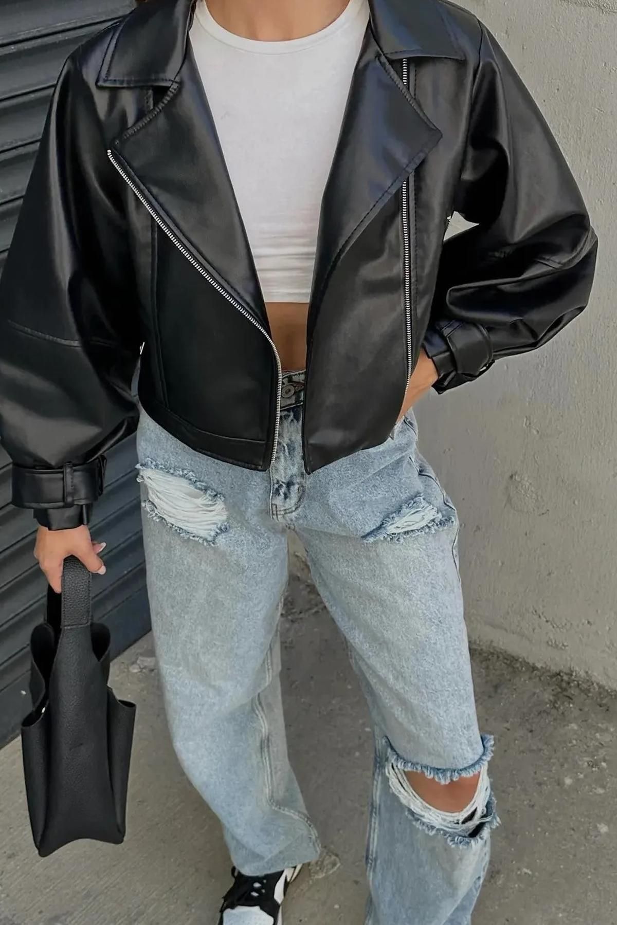 Oversize Kadın Siyah Balon Kol Bomber Deri Ceket Oversize Kadın Siyah Balon Kol Bomber Deri Ceket