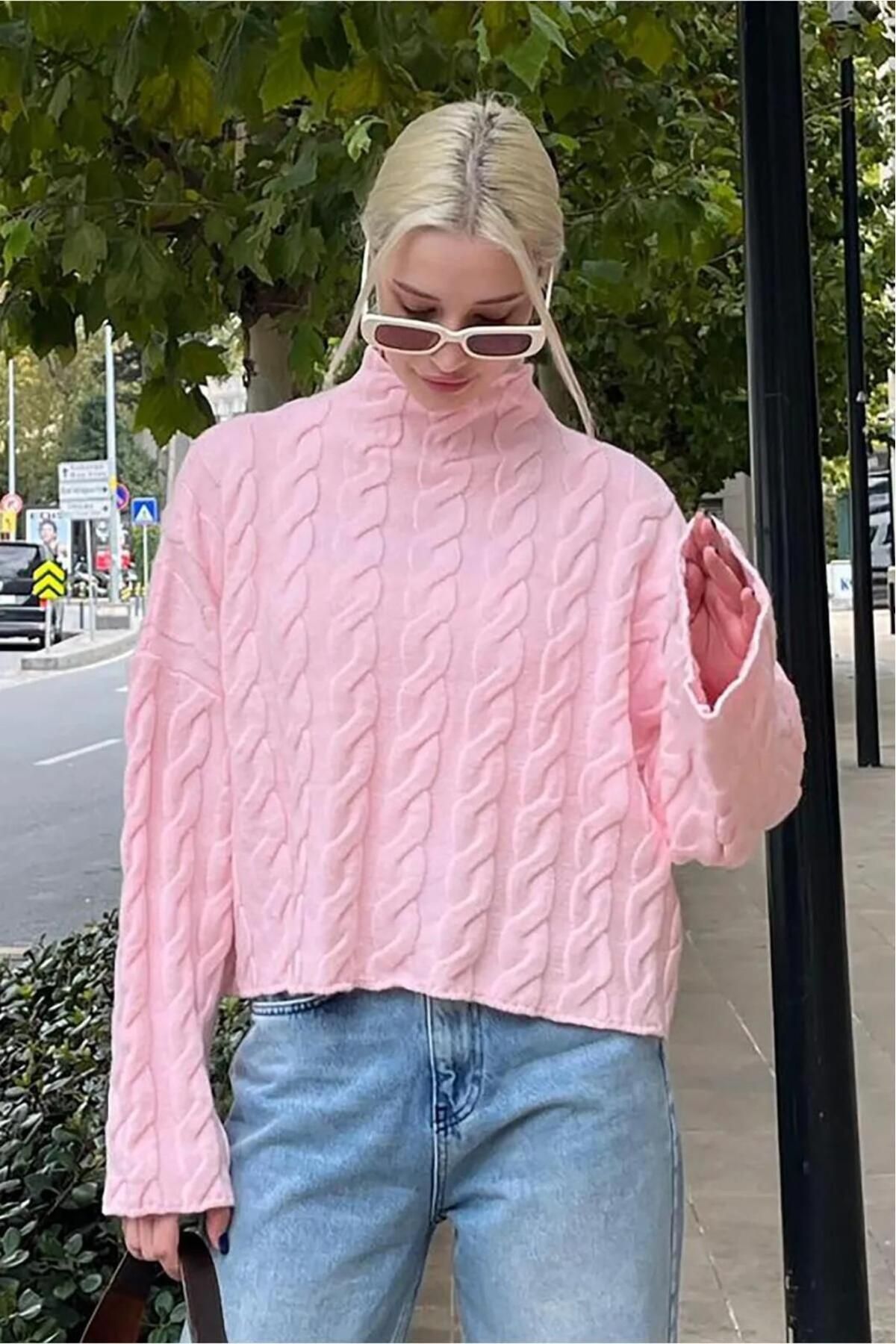 Pembe Balıkçı Yaka Örme Triko Kazak Pembe Balıkçı Yaka Örme Triko Kazak