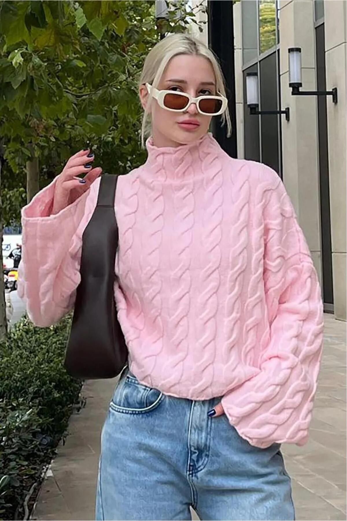 Pembe Balıkçı Yaka Örme Triko Kazak Pembe Balıkçı Yaka Örme Triko Kazak