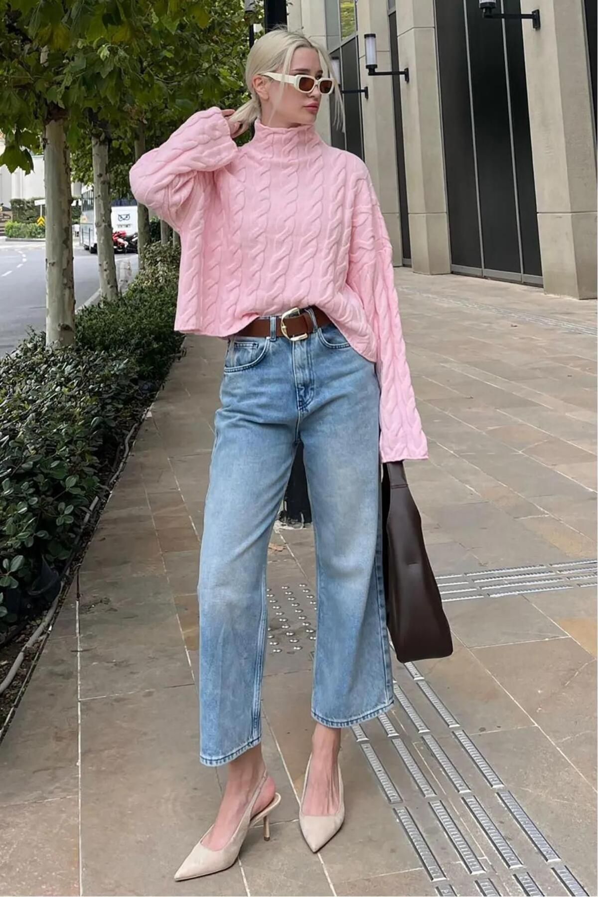 Pembe Balıkçı Yaka Örme Triko Kazak Pembe Balıkçı Yaka Örme Triko Kazak