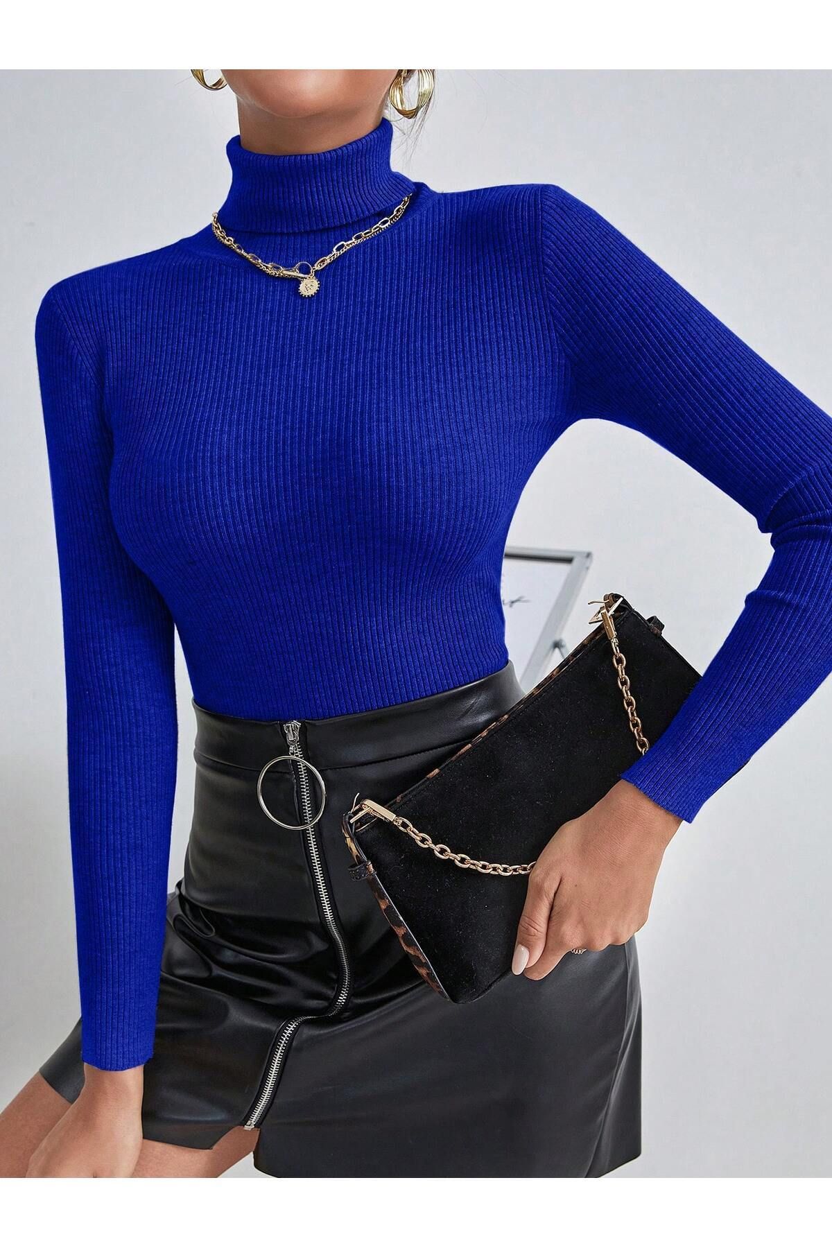 Unisex Saks Mavisi Pamuklu Balıkçı Yaka Kaşkorse Şardonlu Slimfit Boğazlı Kazak Unisex Saks Mavisi Pamuklu Balıkçı Yaka Kaşkorse Şardonlu Slimfit Boğazlı Kazak