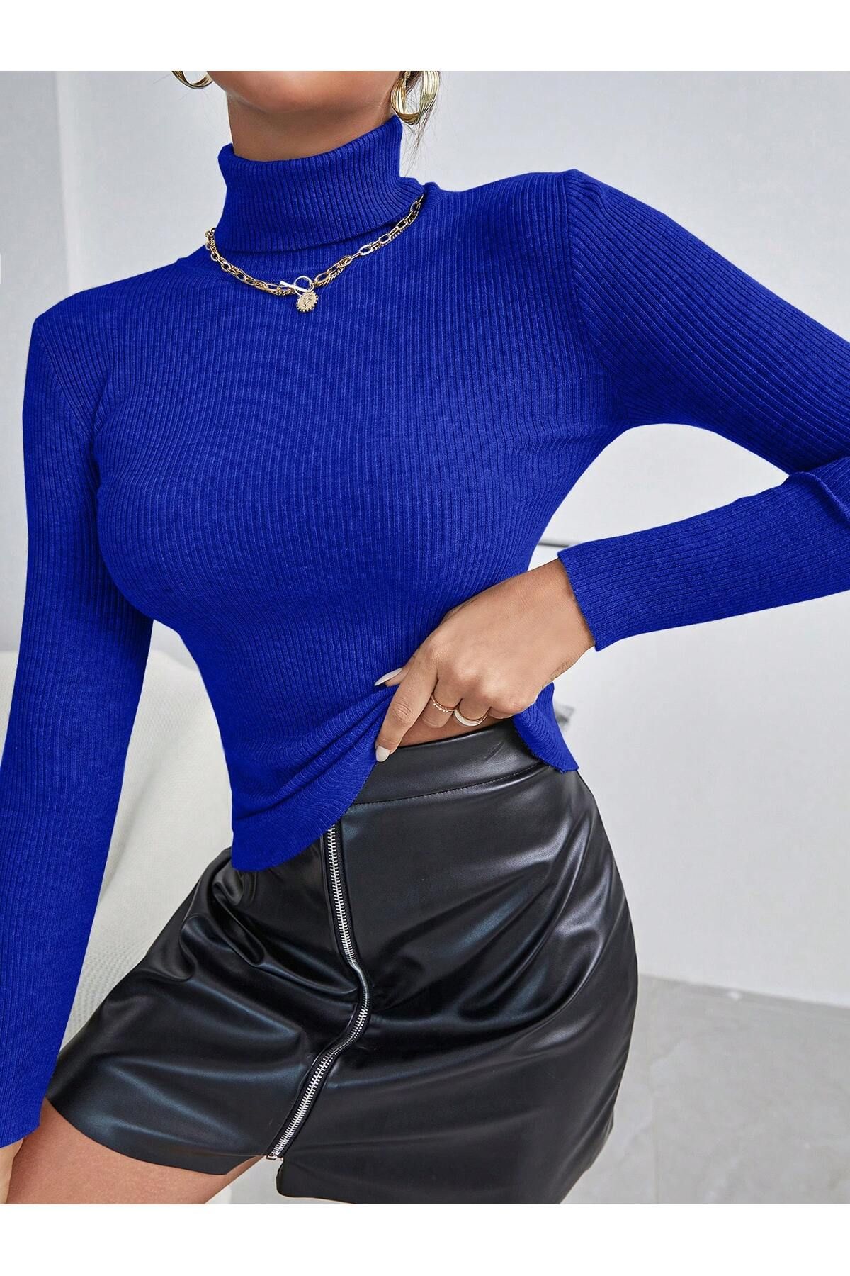 Unisex Saks Mavi Pamuklu Balıkçı Yaka Kaşkorse Şardonlu Slimfit Boğazlı Kazak Unisex Saks Mavi Pamuklu Balıkçı Yaka Kaşkorse Şardonlu Slimfit Boğazlı Kazak