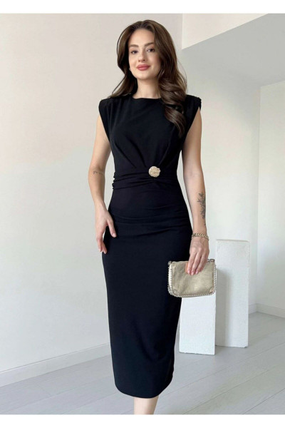 Kadın Vatkalı  Omuzları Zincir Detaylı Beli Broşlu Siyah Midi Abiye Elbise Kadın Vatkalı  Omuzları Zincir Detaylı Beli Broşlu Siyah Midi Abiye Elbise