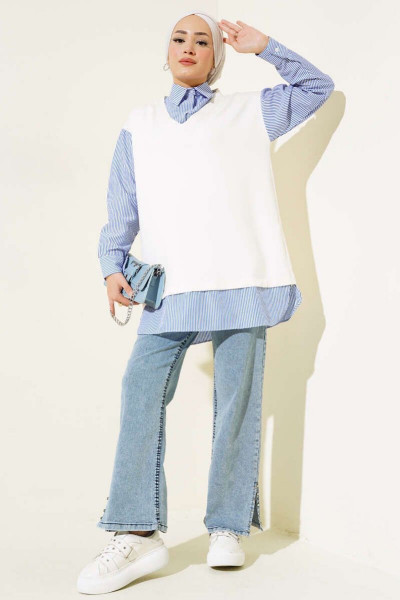 Kadın Sweatshirt Görünümlü Çizgili Gömlek Kadın Sweatshirt Görünümlü Çizgili Gömlek