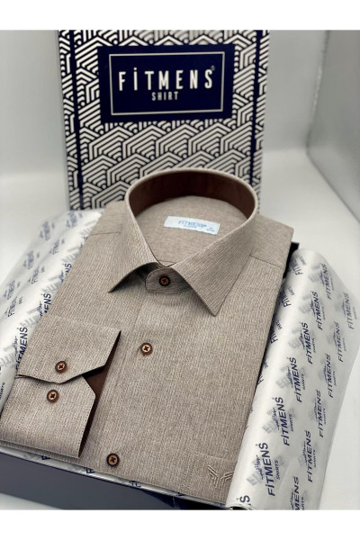 Klasik Uzun Kol Keten Cotton Hediye Kutulu Erkek Gömlek - Bej Klasik Uzun Kol Keten Cotton Hediye Kutulu Erkek Gömlek - Bej
