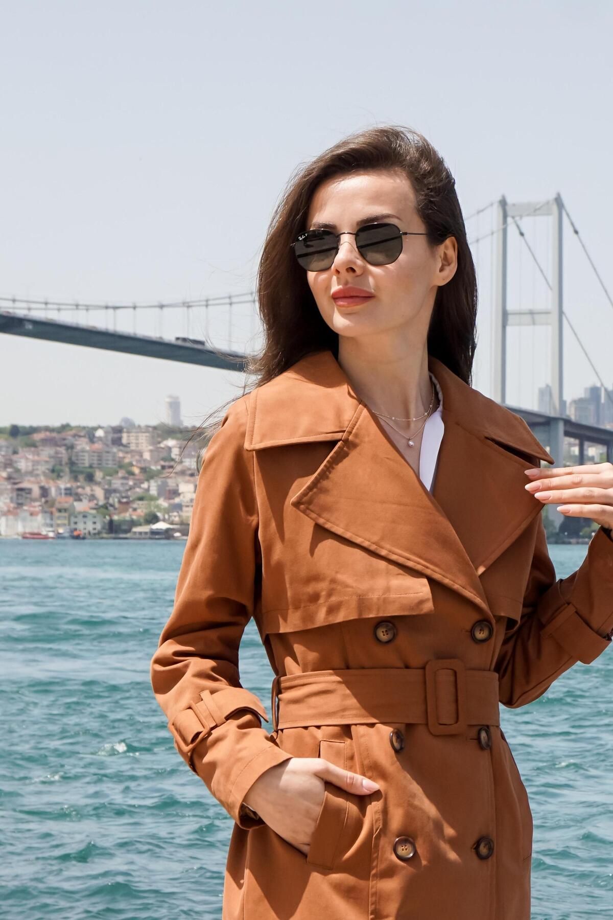 %100 Pamuk Gabardin Midi (95CM) Astarlı Kemerli Kadın Trençkot 1113