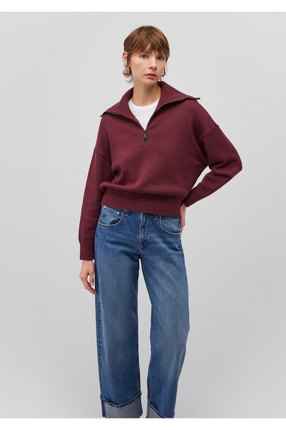 Yarı Fermuarlı Bordo Kazak Oversize / Geniş Kesim 1710574-70394 Yarı Fermuarlı Bordo Kazak Oversize / Geniş Kesim 1710574-70394