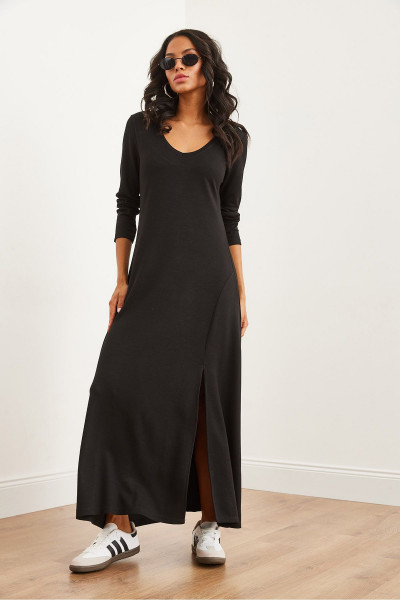 Kadın Siyah V Yaka Truvakar Kol Yırtmaçlı Modal Tüşeli Maxi Elbise ELB-19002286 Kadın Siyah V Yaka Truvakar Kol Yırtmaçlı Modal Tüşeli Maxi Elbise ELB-19002286