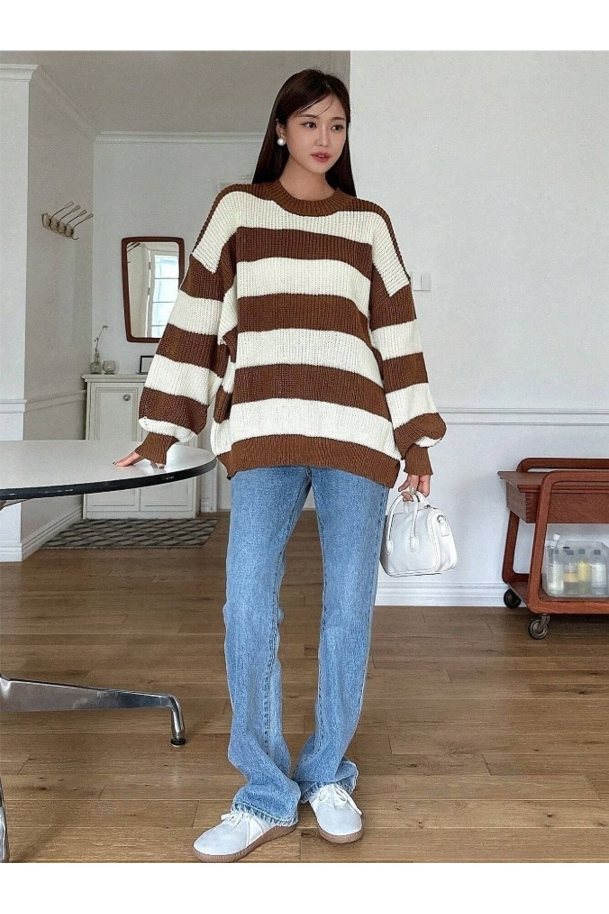 Kadın Triko Kahve Çizgili Oversize Kazak Kadın Triko Kahve Çizgili Oversize Kazak