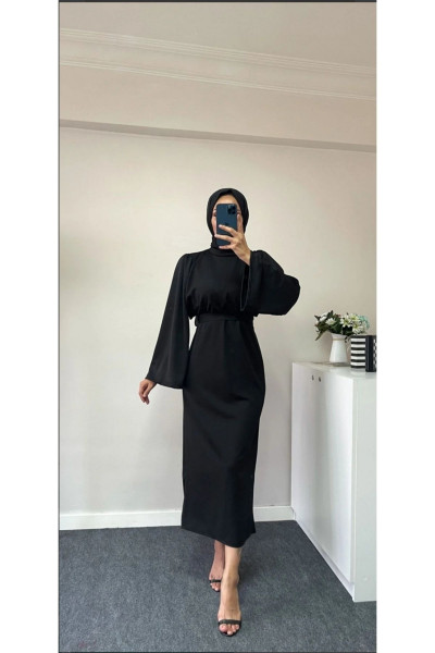 Volan Kol Kuşaklı Tesettür Elbise Volan Kol Kuşaklı Tesettür Elbise
