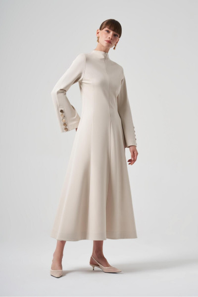 Kolları Düğme Detaylı Tam Boy Çan Elbise