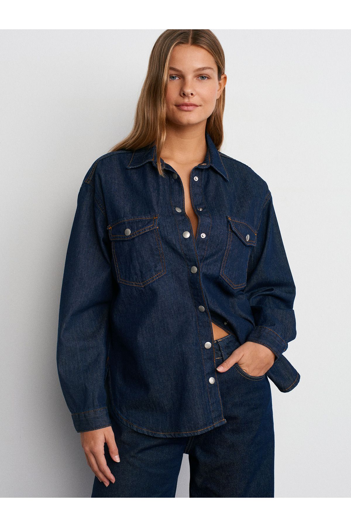 50744 Rins Yıkama Oversize Denim Gömlek-Lacivert