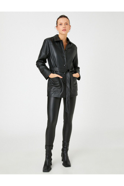 Oversize Suni Deri Ceket Gömlek Yaka Kuşaklı Oversize Suni Deri Ceket Gömlek Yaka Kuşaklı