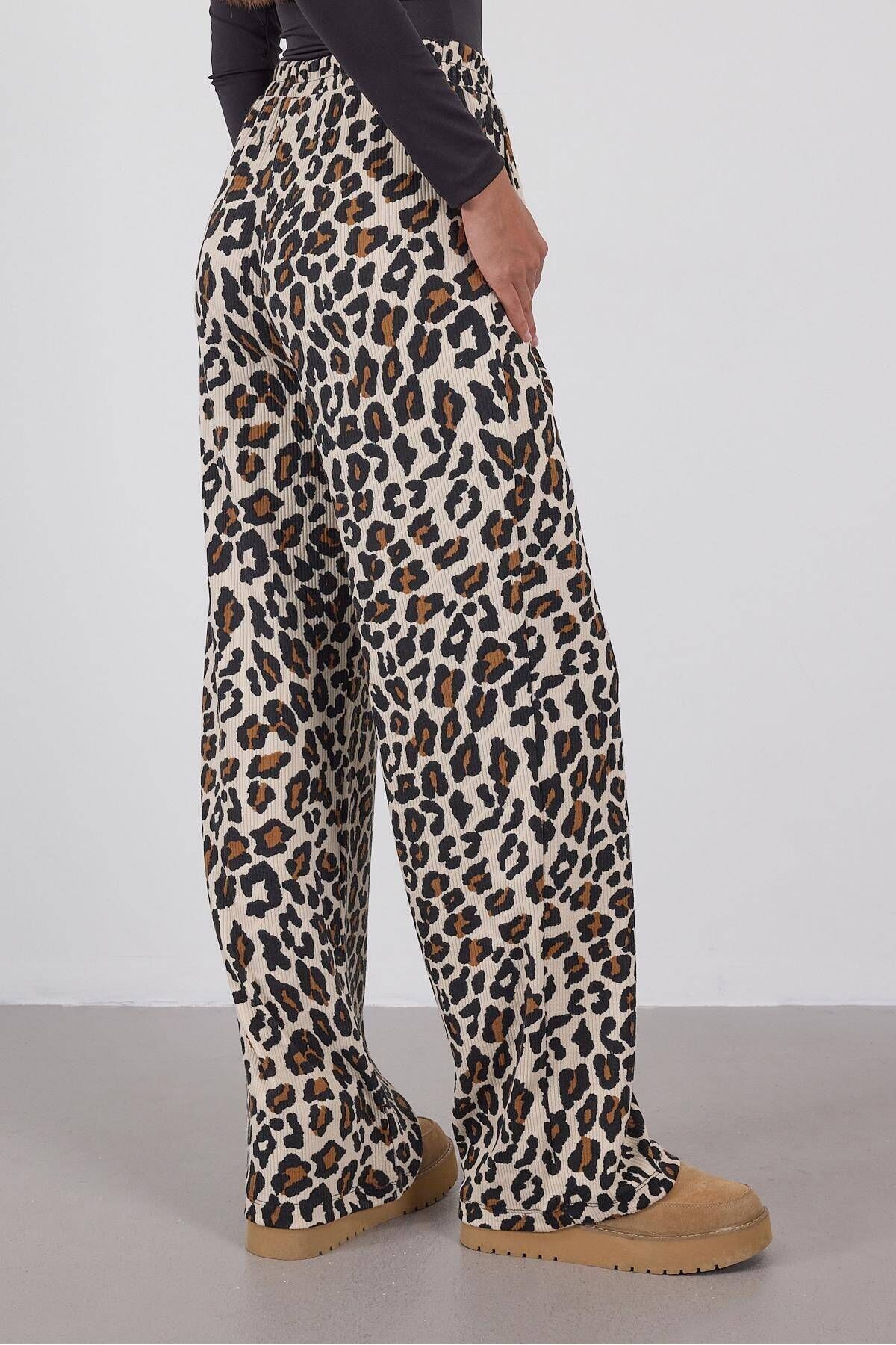 Beli Lastikli Leopar Desenli Wide Leg Pantolon PN16715