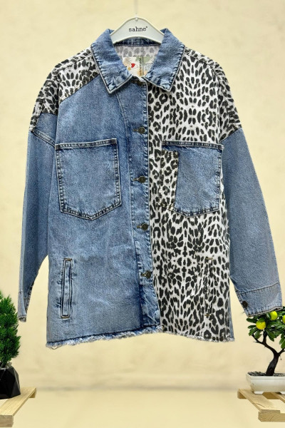 Yakalı Leopar Garnili Oversize Kot Ceket Yakalı Leopar Garnili Oversize Kot Ceket