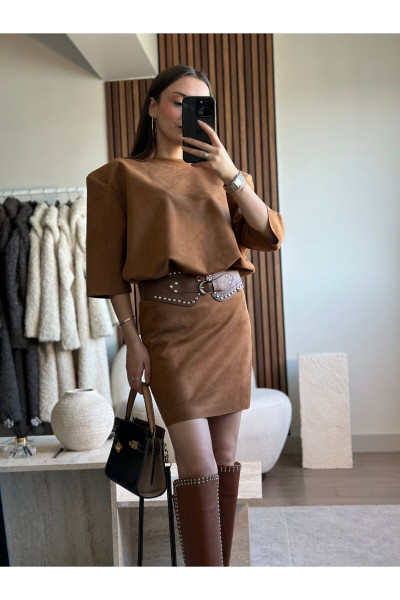 VATKALI KEMER DETAYLI  SÜET ELBİSE VATKALI KEMER DETAYLI  SÜET ELBİSE