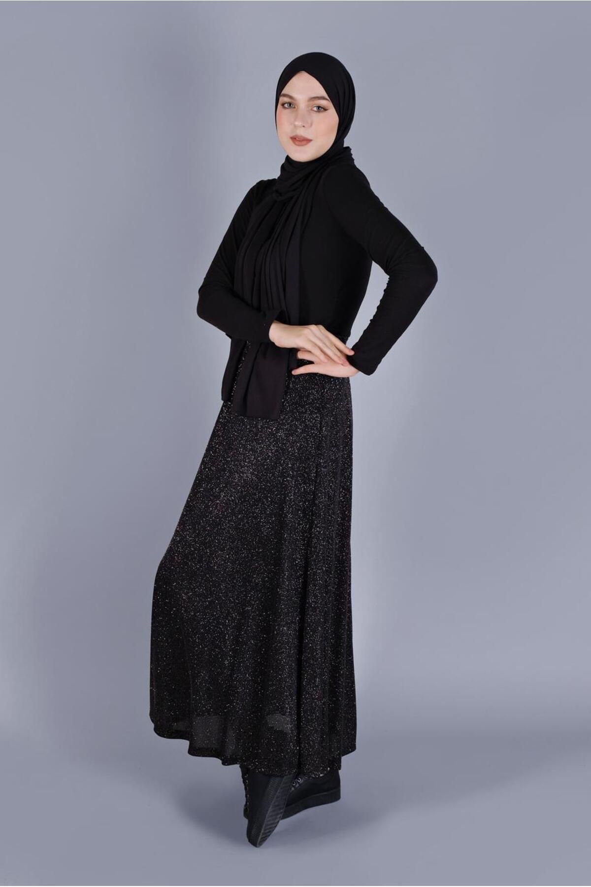 Kadın Siyah (SİYAH-EBRULİ) Beli Lastikli Simli Etek 6348 Kadın Siyah (SİYAH-EBRULİ) Beli Lastikli Simli Etek 6348