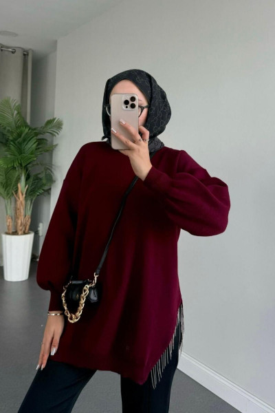 Yarı Zincirli Triko Kazak Bordo Yarı Zincirli Triko Kazak Bordo