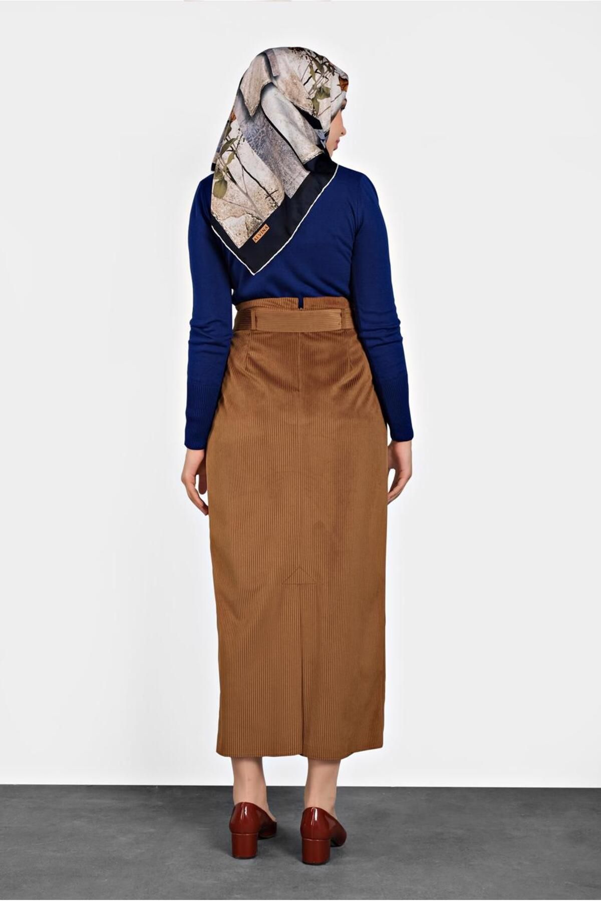 Kadın Taba Kemerli Kadife Etek 60034 Kadın Taba Kemerli Kadife Etek 60034