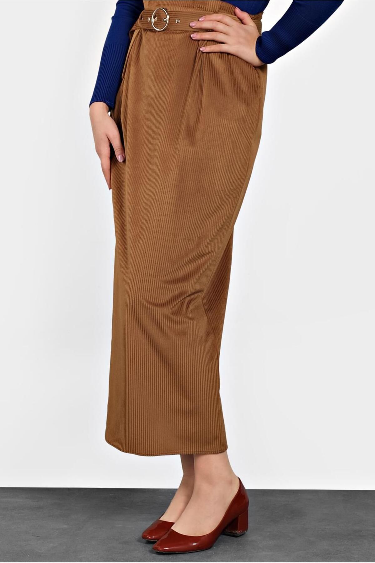 Kadın Taba Kemerli Kadife Etek 60034 Kadın Taba Kemerli Kadife Etek 60034