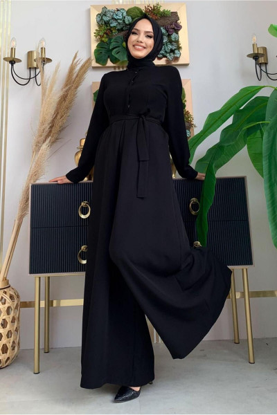 Kadın Siyah Kuşaklı Geniş Paça Tulum T 6763 Kadın Siyah Kuşaklı Geniş Paça Tulum T 6763