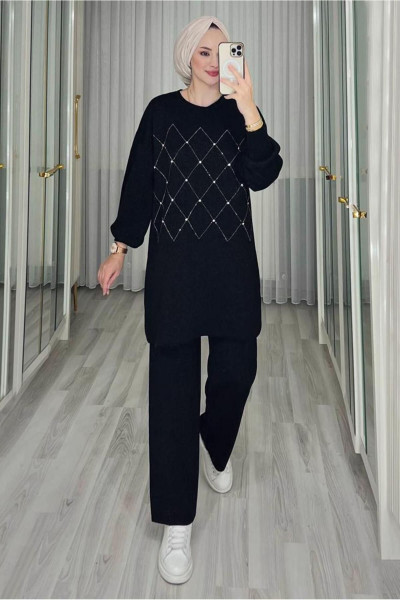KADIN SİYAH TAŞ DETAYLI PANTOLONLU TRİKO TAKIM T 44421 KADIN SİYAH TAŞ DETAYLI PANTOLONLU TRİKO TAKIM T 44421