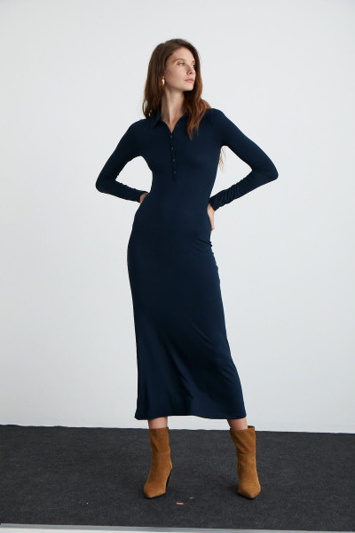 Saıdy Kadın Viskon Likralı Gömlek Yaka Vücüdu Saran Bodycon Maxi Lacivert Elbise Saıdy Kadın Viskon Likralı Gömlek Yaka Vücüdu Saran Bodycon Maxi Lacivert Elbise