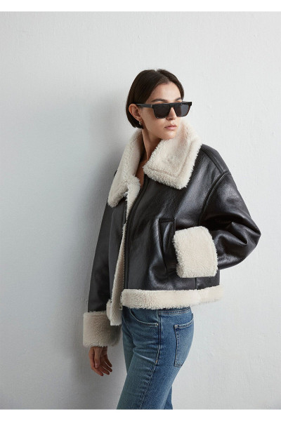 Sherpa Detaylı Siyah Suni Deri Ceket Loose Fit / Bol Rahat Kesim 1110263-900 Sherpa Detaylı Siyah Suni Deri Ceket Loose Fit / Bol Rahat Kesim 1110263-900