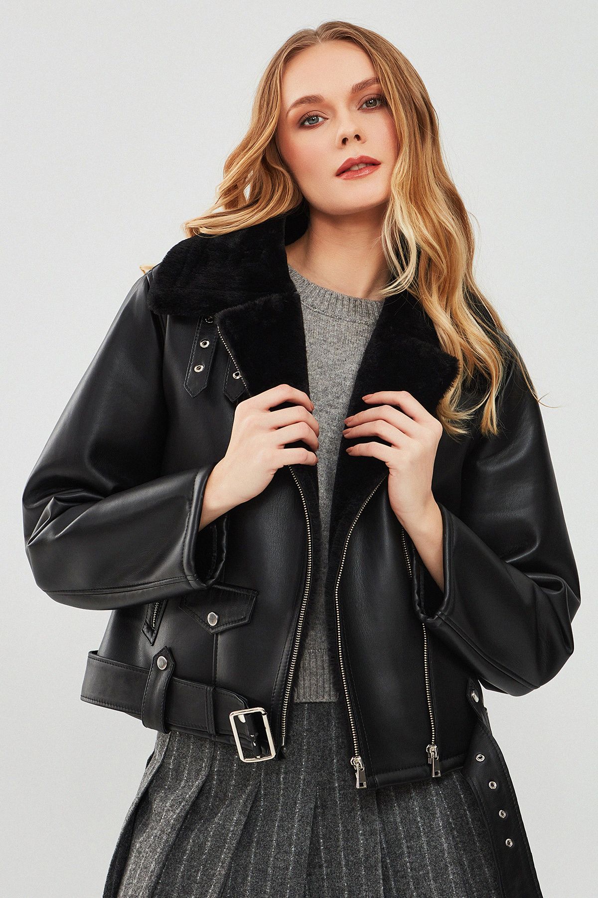 Mexico Kadın Siyah Teddy Biker Deri Ceket 23wgd5122ff Mexico Kadın Siyah Teddy Biker Deri Ceket 23wgd5122ff