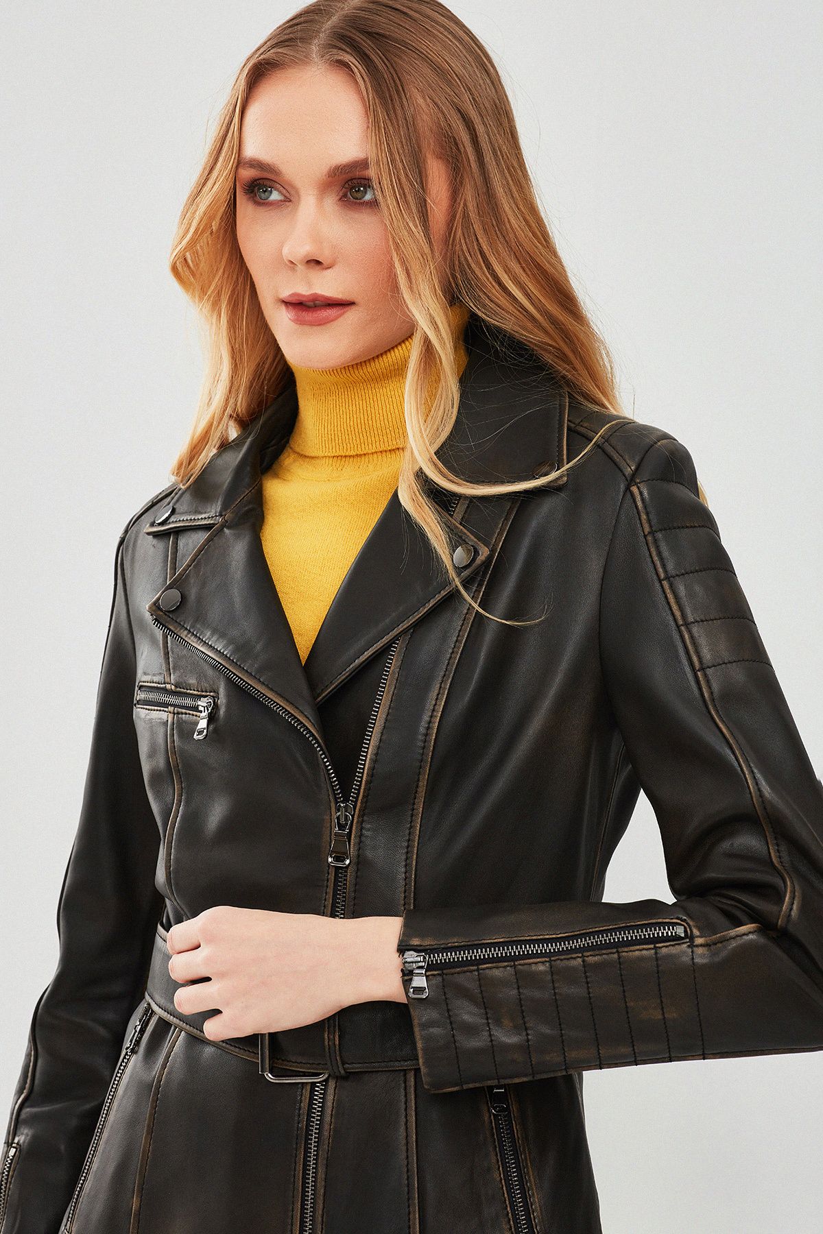 Mayfair Kadın Kahverengi Vintage Uzun Biker Deri Ceket 23wgd5804vd Mayfair Kadın Kahverengi Vintage Uzun Biker Deri Ceket 23wgd5804vd