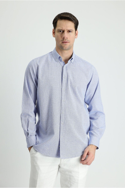 Uzun Kol Slim Fit Dar Kesim Keten Görünümlü Desenli Pamuk Gömlek Uzun Kol Slim Fit Dar Kesim Keten Görünümlü Desenli Pamuk Gömlek