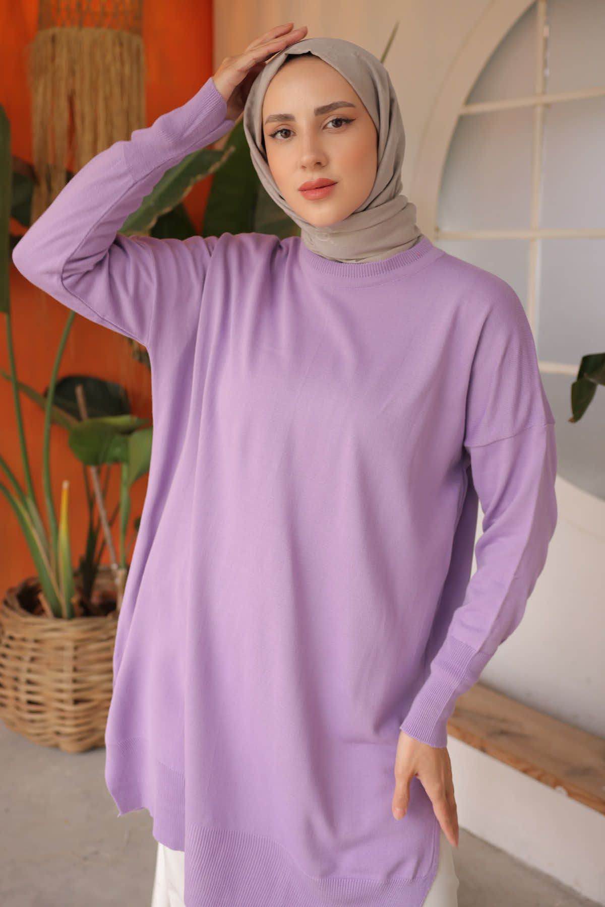 Lila Bisiklet Yaka Ince Merserize Salaş Triko Tunik Lila Bisiklet Yaka Ince Merserize Salaş Triko Tunik