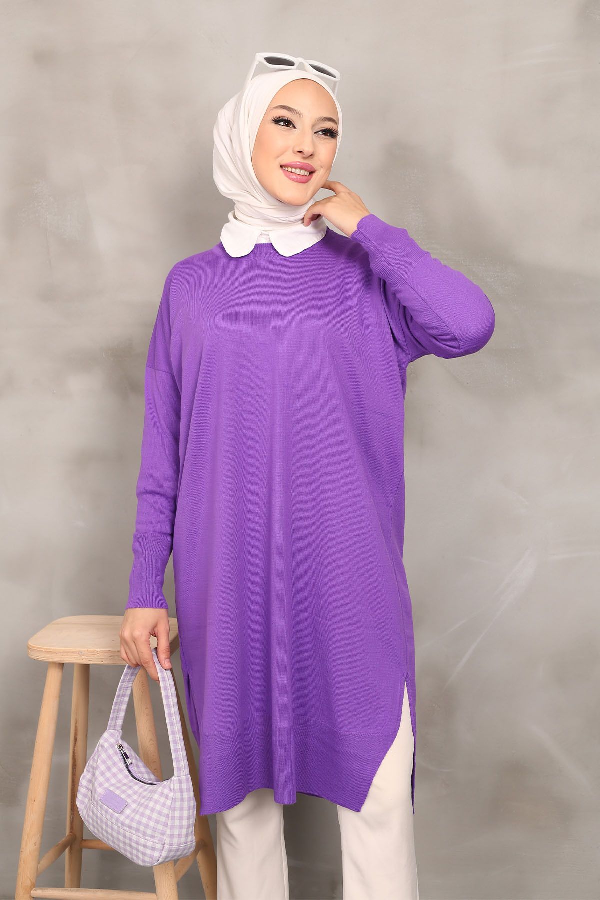 Koyu Lila Bisiklet Yaka Ince Merserize Salaş Triko Tunik Koyu Lila Bisiklet Yaka Ince Merserize Salaş Triko Tunik