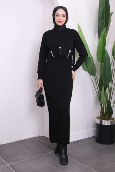 Siyah Crop Kazak Triko Elbise İkili Kombin Siyah Crop Kazak Triko Elbise İkili Kombin