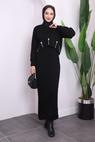 Siyah Crop Kazak Triko Elbise İkili Kombin Siyah Crop Kazak Triko Elbise İkili Kombin