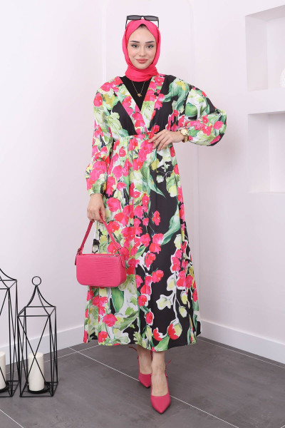 Siyah Kol Bel Lastikli Desenli Elbise Siyah Kol Bel Lastikli Desenli Elbise