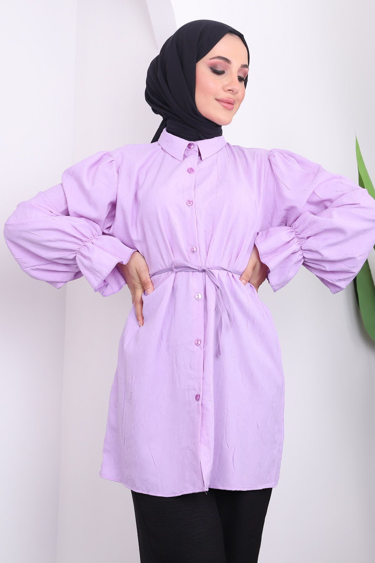 Lila Beli İpli Balon Kol Tunik Lila Beli İpli Balon Kol Tunik