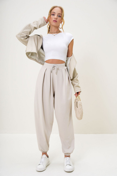 Kadın Taş Beli Lastikli Çift Cepli Önü Pileli Balon Pantolon ALC-X13191