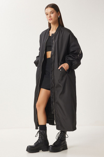 Kadın Siyah Oversize Fermuarlı Uzun Dokuma Trençkot  FN03436 Kadın Siyah Oversize Fermuarlı Uzun Dokuma Trençkot  FN03436