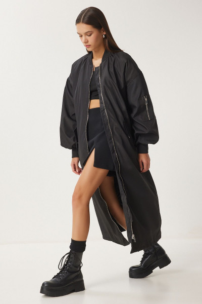 Kadın Siyah Oversize Fermuarlı Uzun Dokuma Trençkot  FN03436 Kadın Siyah Oversize Fermuarlı Uzun Dokuma Trençkot  FN03436