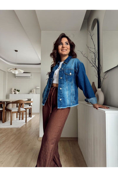 Kesik Püsküllü Denim Ceket Kesik Püsküllü Denim Ceket